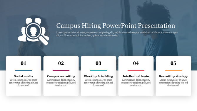A row of five white boxes with numbers from 01 to 05, each displaying different hiring strategies under a gray header.