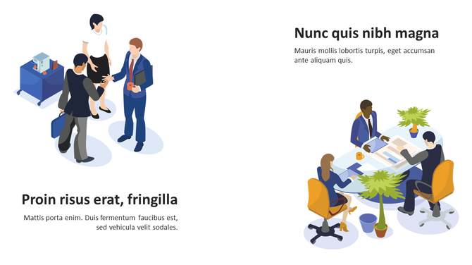 Illustration of two office settings, one showing colleagues shaking hands, the other with a meeting at a table.