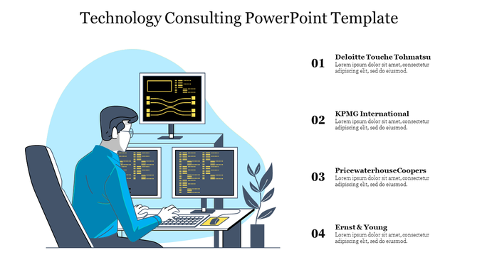 Technology consulting PowerPoint template with a professional at multiple screens showcasing programming code.