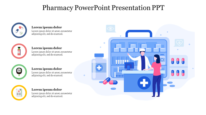 Illustrated pharmacy slide showing a pharmacist behind the counter assisting a customer with color coded medical icons.