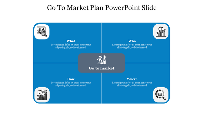 Blue themed slide with four sections in rectangular shapes and a central gray area, featuring white circular icons.