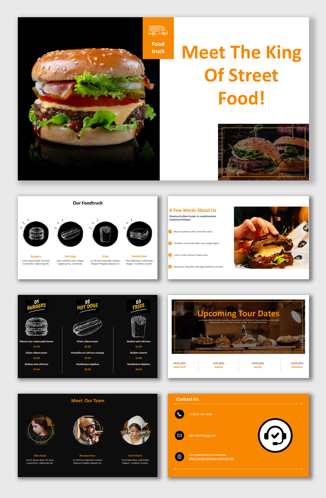 Street food themed slides with burger images, menu overview, upcoming tour dates, and meet our team section.