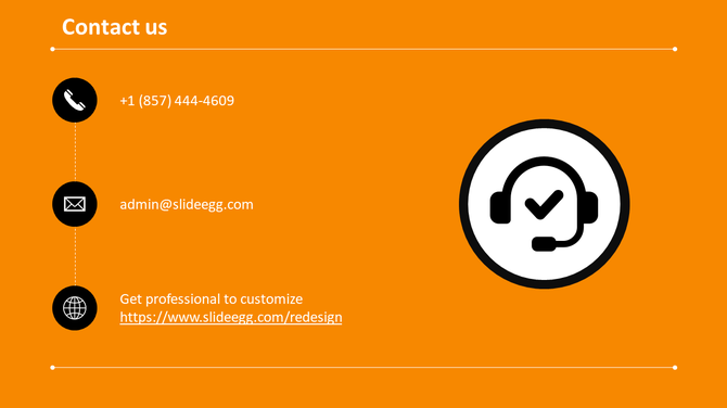 Contact slide with black icons for phone, email, and web on the left, white headset icon on right, and orange background.