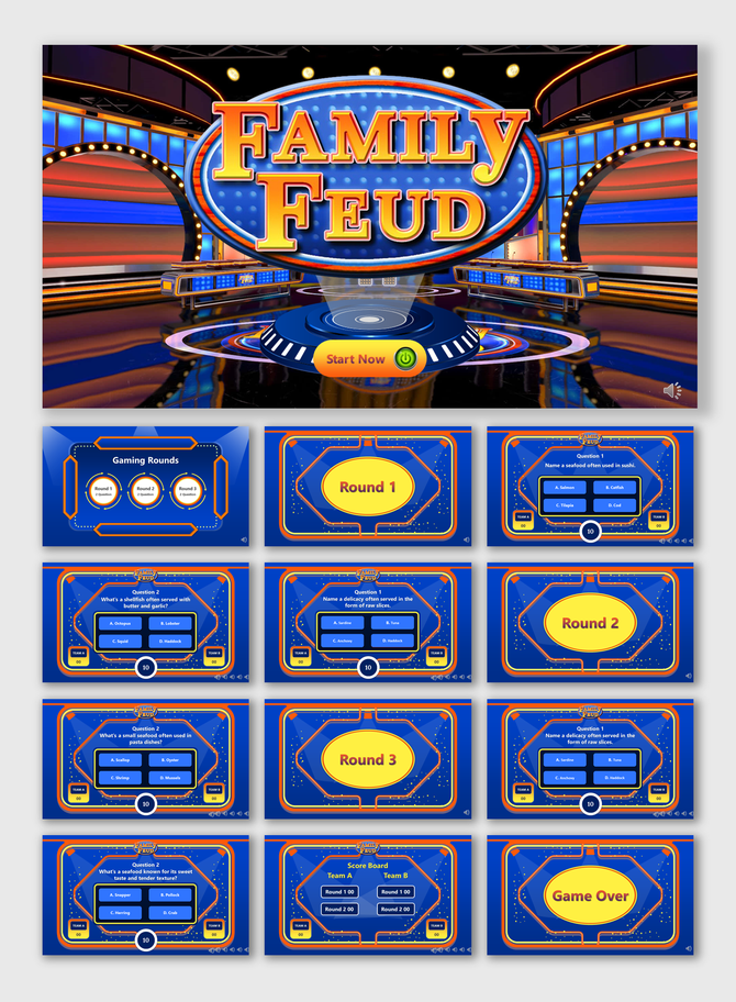 Family Feud PPT and Google Slides Template with gaming rounds, quiz questions, scoreboard, and game over slides in blue theme