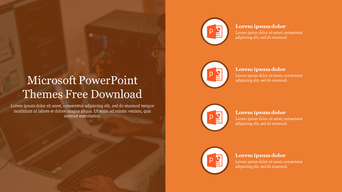Microsoft PowerPoint slide advertising free downloadable themes with a list of orange theme descriptions on the right.