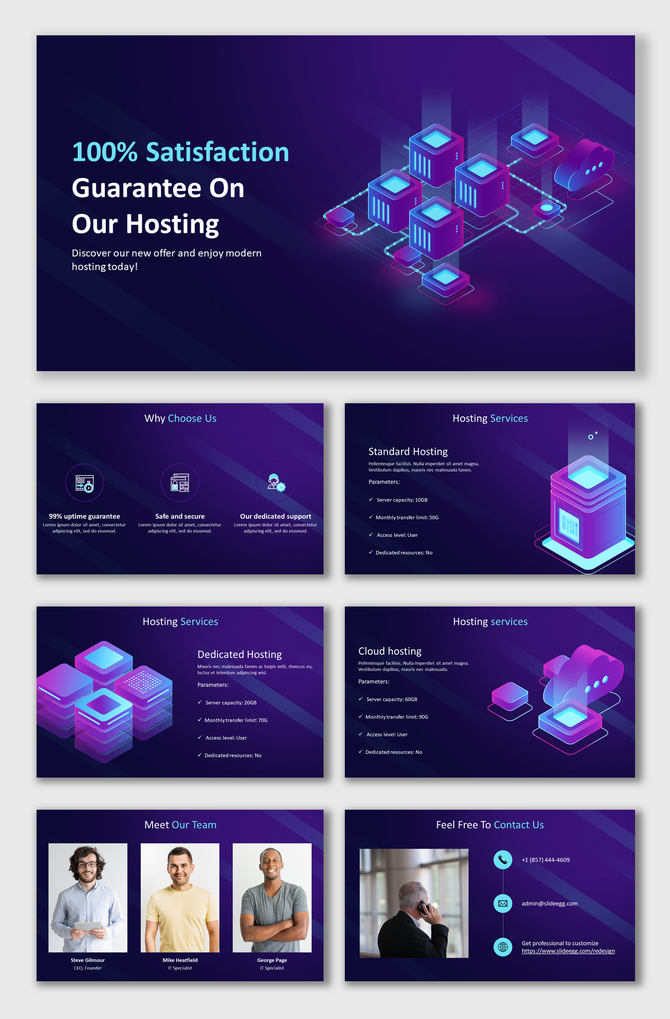 Modern hosting slides featuring a 100% satisfaction guarantee and various hosting services on a purple gradient theme.