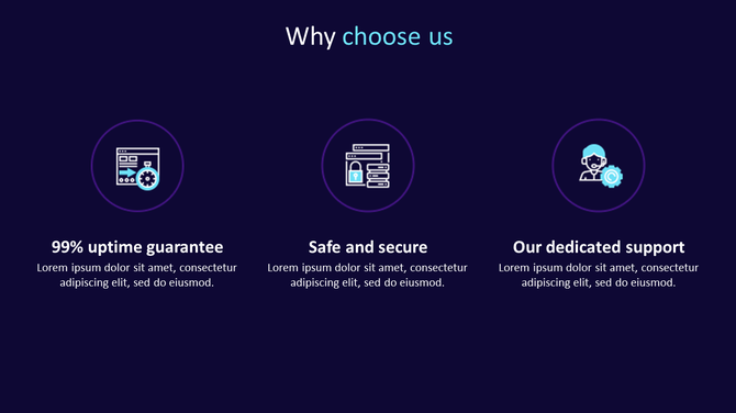 Hosting PPT slide with icons representing uptime guarantee, safety, and customer support, along with text on a dark backdrop.