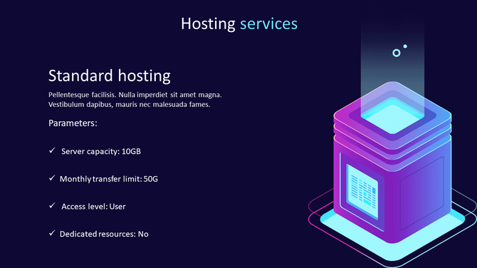 Hosting services slide with server specs on left and glowing 3D server illustration on right over a dark blue background.