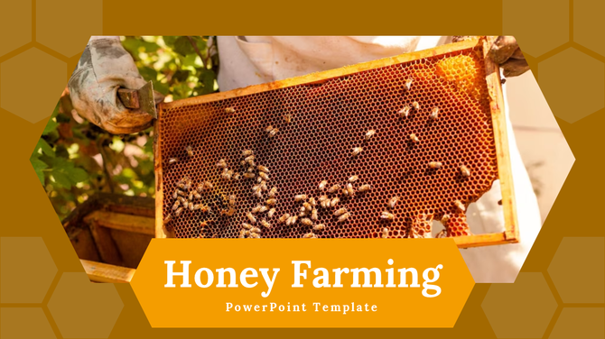 A beekeeper holding a honeycomb frame with bees on it, with a honey farming PowerPoint template design.