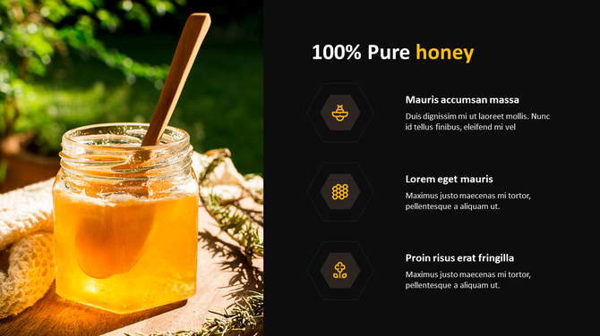 Jar of honey with a wooden dipper on the left and feature icons with captions on the right.