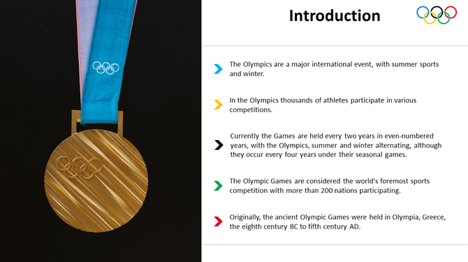 Olympic introduction slide with a gold medal image, featuring key facts and a caption area in a bullet-point format.