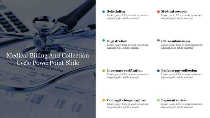 Stethoscope on medical billing document background with nine colored bullet points on the right listing billing processes.