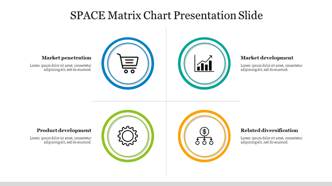 A four-quadrant grid with circular icons in blue, green, orange, and teal, each paired with a text area.