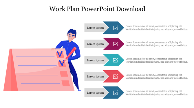 Work plan slide featuring a character with a checklist, and five arrows pointing to text captions in colours.