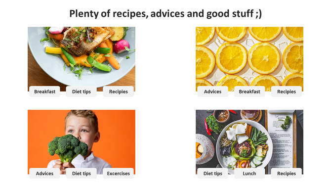 Grid style design with four food related images in a white background, separated by text buttons below.