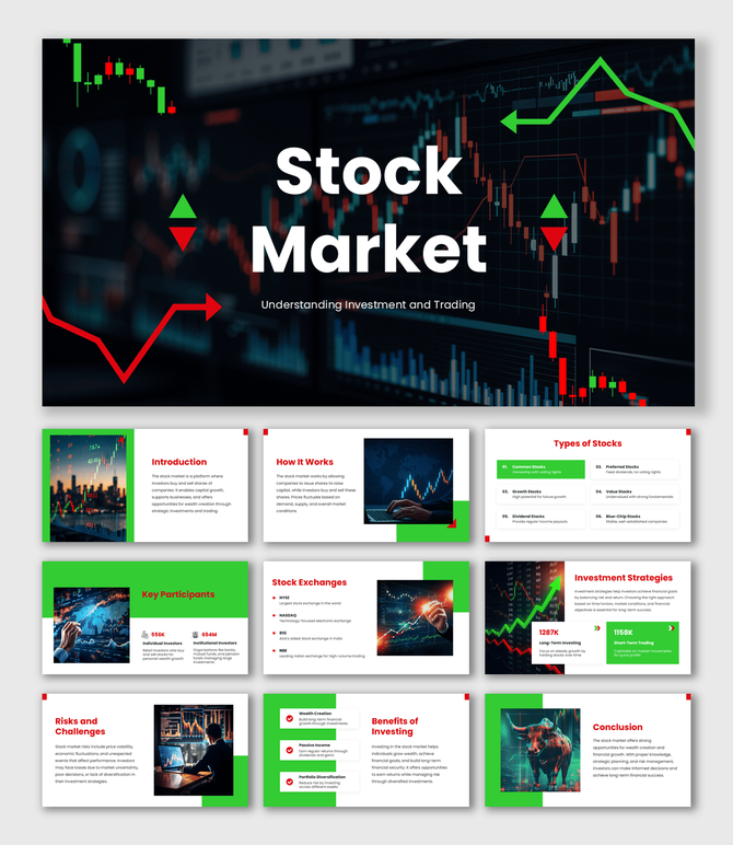 Bronze bull statue on the left with stock trading types listed in colored dots on a white background to the right.