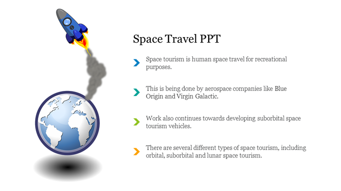Slide on space travel, featuring a rocket and globe, highlighting companies like blue origin and virgin galactic.