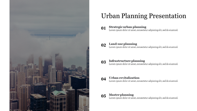 Slide showing foggy city skyline on left, with five urban planning topics listed on the right on a white background.