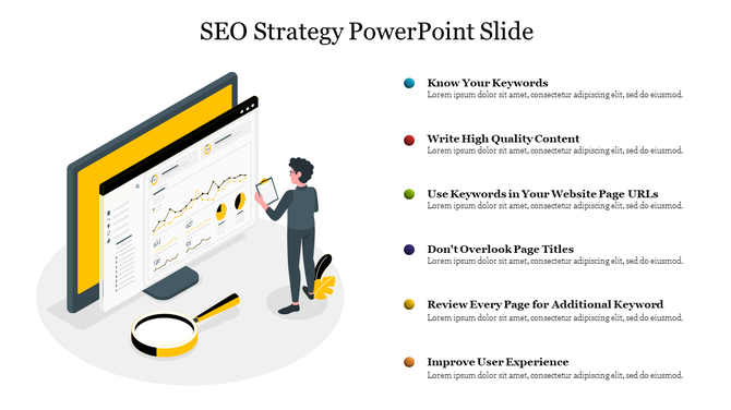 SEO strategy slide featuring a character using a tablet, with a computer screen showing a graph, and color coded text.