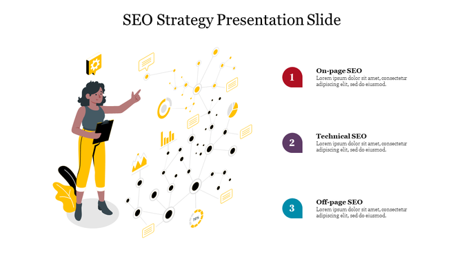 SEO strategy PPT slide with an illustration of a woman explaining on page, technical, and off page SEO strategies with icons.