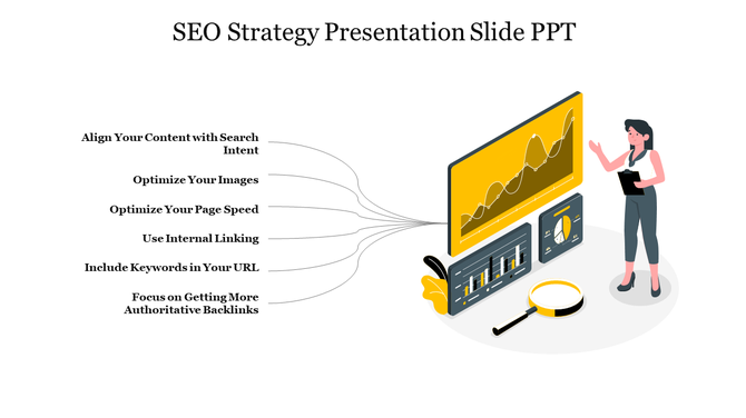 SEO strategy slide with six optimization tip on the left pointing to a yellow analytics screen illustration with a character.