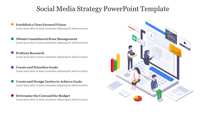 Social media strategy slide with six bullet points each with a colored icon, and an isometric illustration of a team.