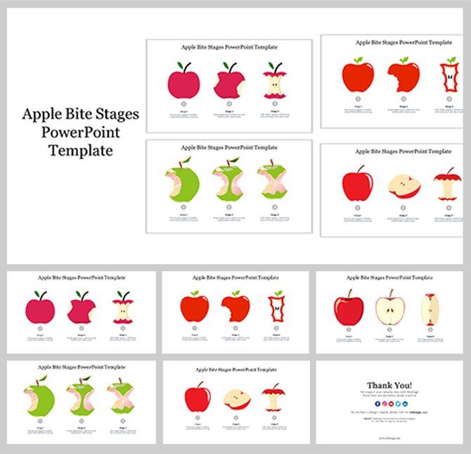 Apple bite stages slides show the progressive stages of an apple being eaten, from whole to core.