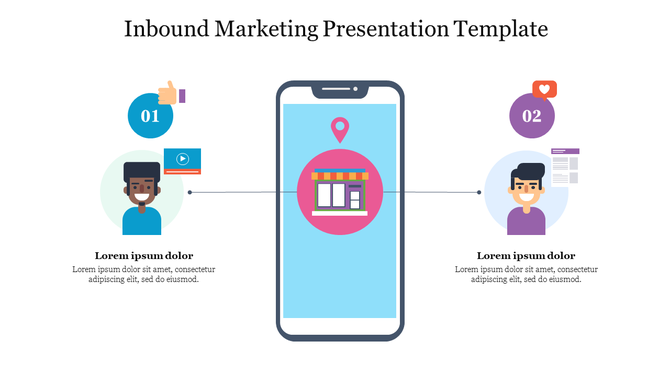 Inbound marketing PPT template showing two people interacting with a mobile device with placeholder text on a white backdrop.