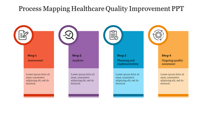 Four vertical rectangular boxes in red, purple, blue, and orange, each with an icon at the top and placeholder text below.