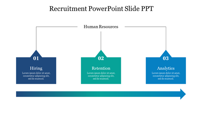 Recruitment slide with three geometric shapes in navy, teal, and blue, represent steps, linked to a gradient arrow below.
