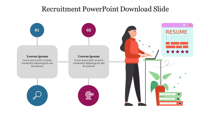 Recruitment slide with two step timeline, icons, and text boxes on left, woman using laptop and resume graphic on right.