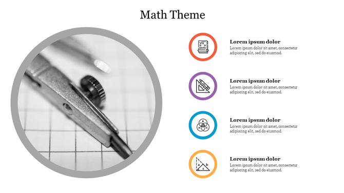 Math themed slide with grayscale compass photo on grid paper and four colorful circular icons with text on the right.