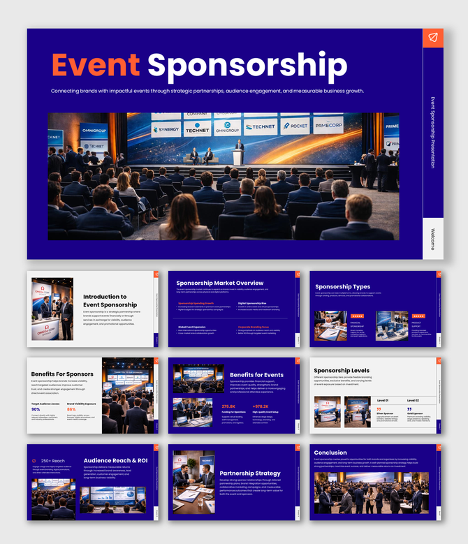 Event sponsorship presentation highlighting sponsor benefits, audience reach, ROI insights, and strategic partnerships.