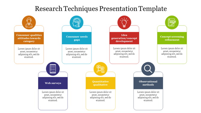 Slide showing six colorful boxes in brown, blue, red, green, purple, yellow, and gray, with icons for research techniques.