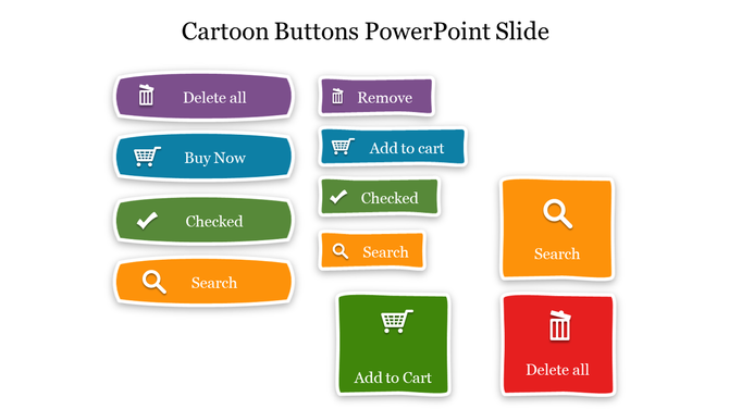 Cartoon button set in purple, orange, green, blue, and red with icons for shopping, deleting, checking, and searching.