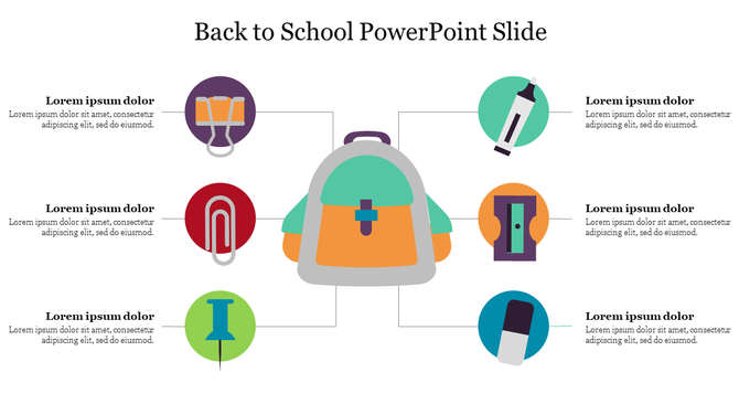 Back to school PowerPoint slide featuring a backpack with icons of school supplies such as markers, paper clips, and a door.