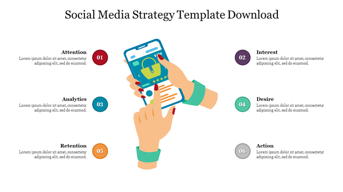 Social media strategy slide with six steps around an illustration of hands using a smartphone for online shopping.