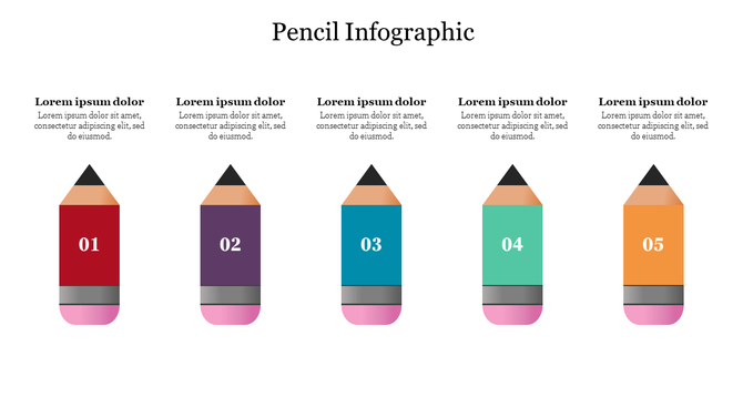 Pencil shaped infographic with five sections, each representing a different step or point, with colorful pencils 01 to 05.