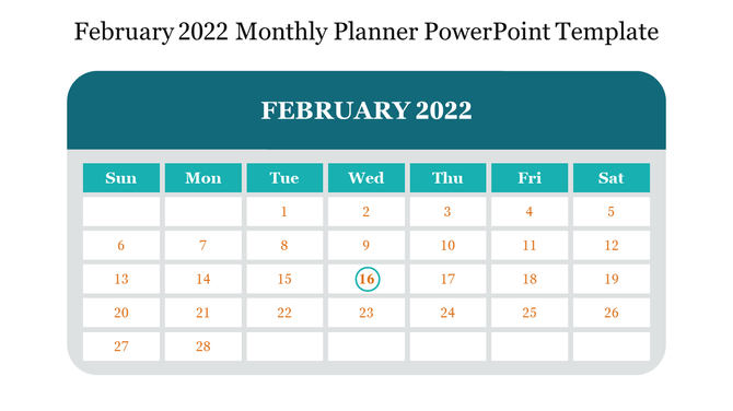 Simple February 2022 calendar template featuring teal and white design with highlighted date.