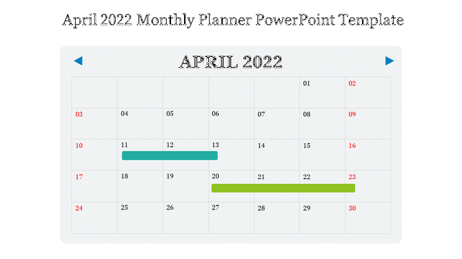 Minimalist monthly planner for April 2022 displaying a full calendar with red weekend numbering and two event periods.
