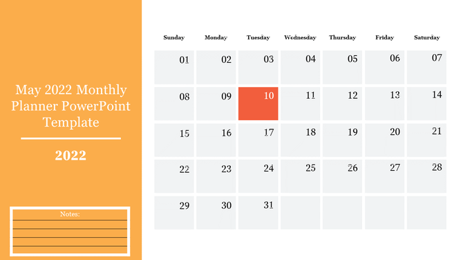 May 2022 calendar template with a yellow sidebar, a notes section, and a date marked in bright orange color.