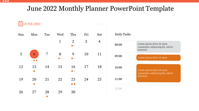 A monthly calendar PPT slide for June 2022 with color coded days for tasks, and a list of daily tasks for specific times.