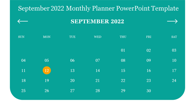 September 2022 calendar view in monthly planner style with date grid and orange highlight on the 12th day.