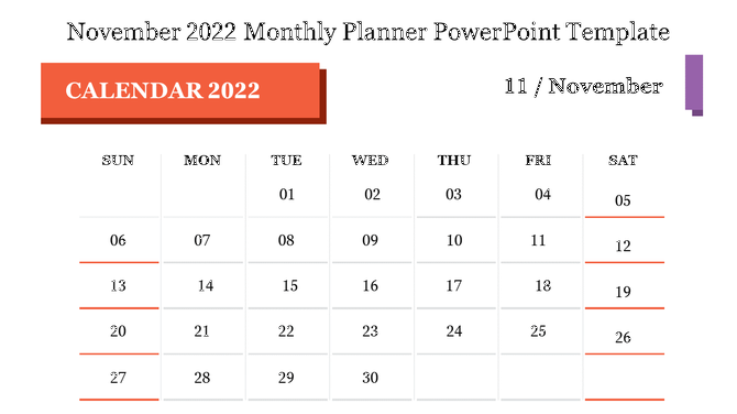 November 2022 calendar layout with an orange header, purple sidebar, and weekends highlighted in red.