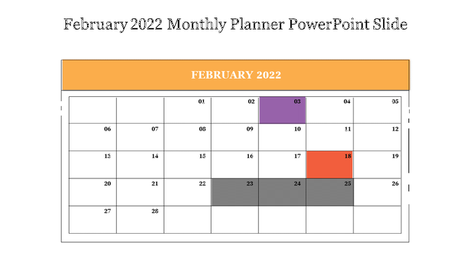 February 2022 monthly planner calendar with highlighted dates, including specific days marked in purple, red, and gray.