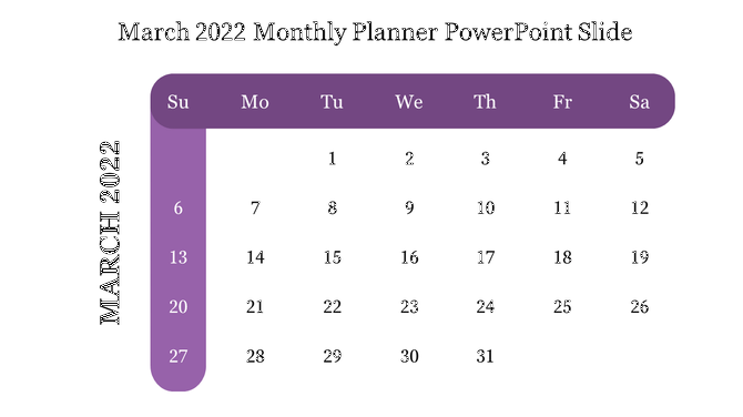 March 2022 calendar design with a purple header and side bar, displaying dates in a minimalist layout with a bold font.