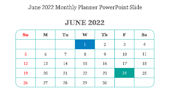 June 2022 calendar template with Sunday through Saturday layout, blue highlight on June 1st, and teal on June 24th.