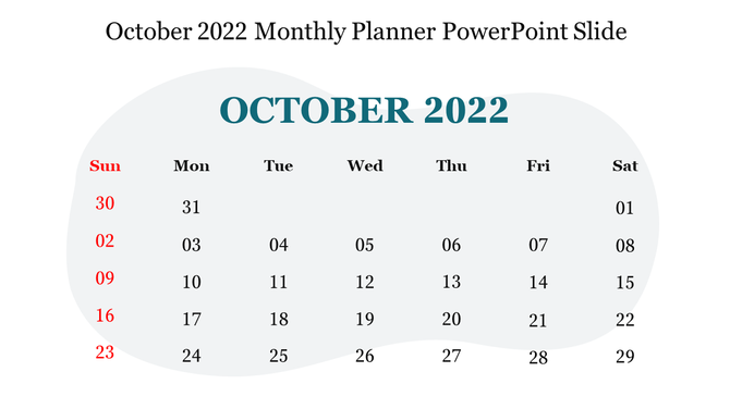 October 2022 calendar slide featuring bold teal heading, monochrome grid, and red font for Sundays and their numbers.