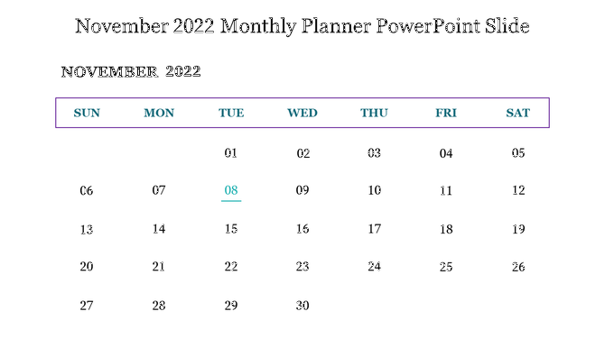 November 2022 calendar with blue and purple accents, highlighting a date with a turquoise color.