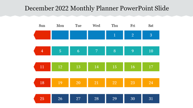 A calendar showing December 2022 with color coded days in a Monthly Planner PowerPoint slide.